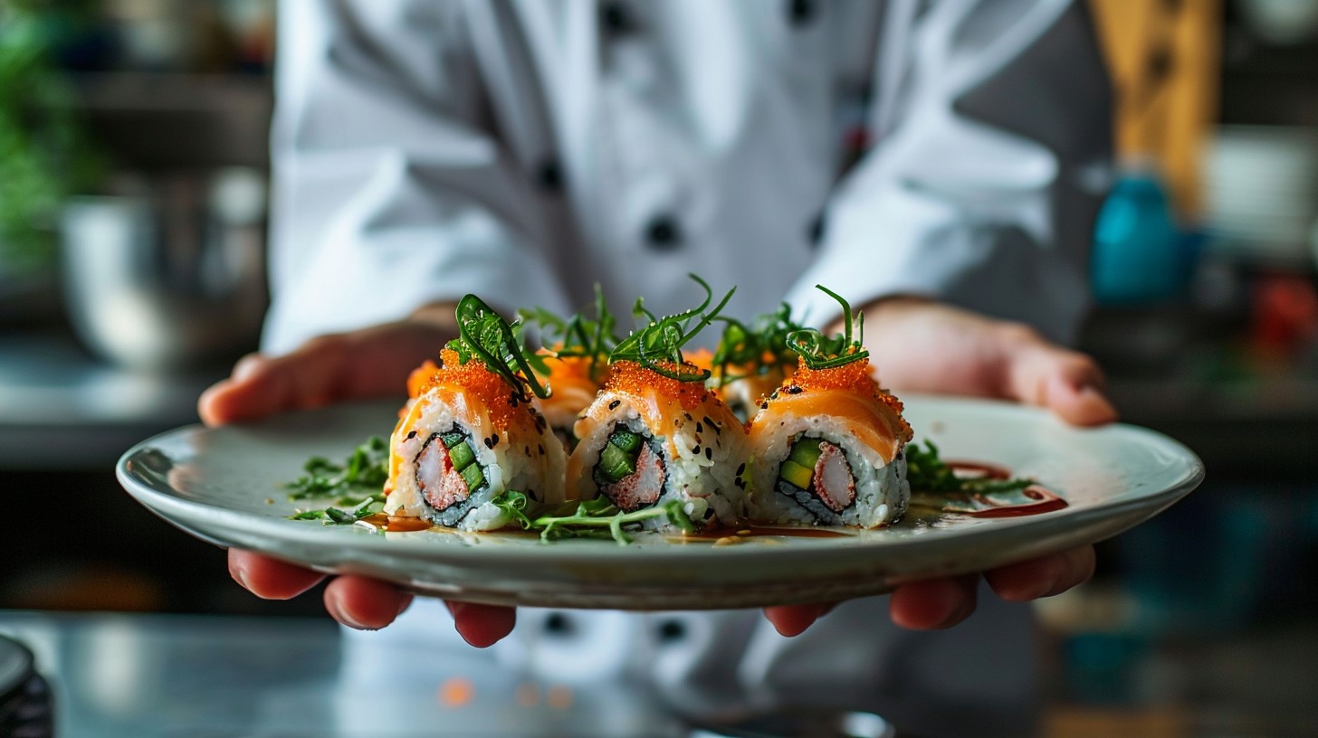 Chef presenting fresh sushi rolls on a plate